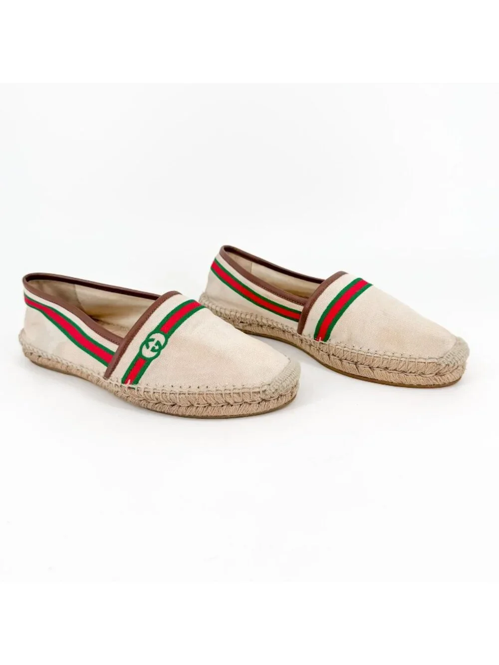 Gucci Interlocking GG Web Espadrille Flats Beige Canvas Size 41 US 11 Women’s